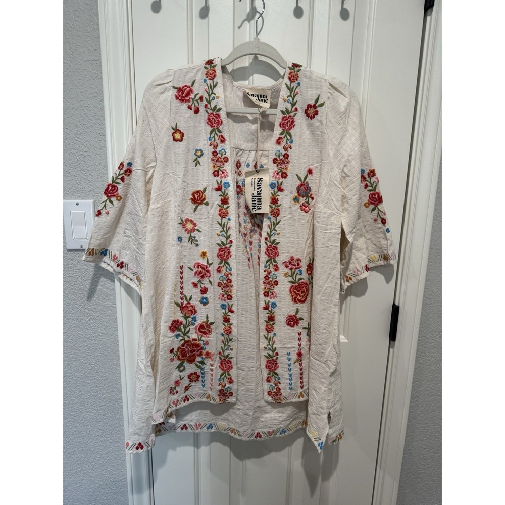 Savannah Jane Duster Cardigan Kimono Jacket Embroidered Floral Boho Small NEW